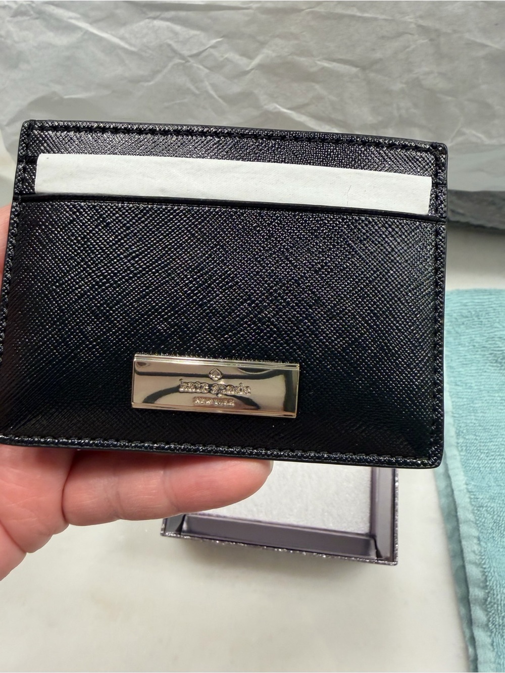 kate spade Black Saffiano Card Case with Metal Plaque